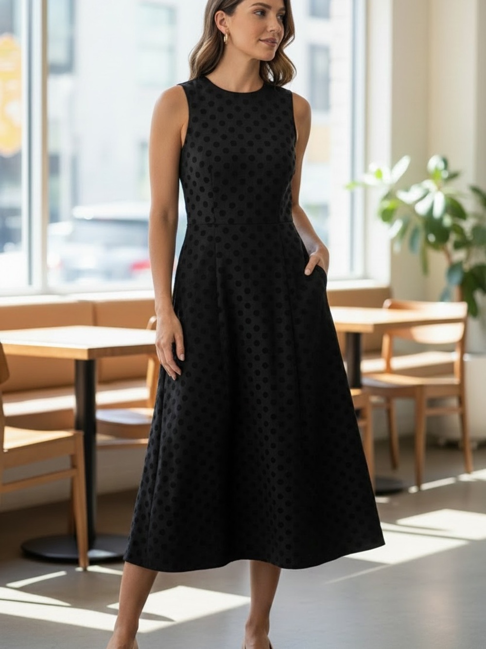 Boden Navy Flocked Polka Dot Wool Blend Midi Dress | Size 6
